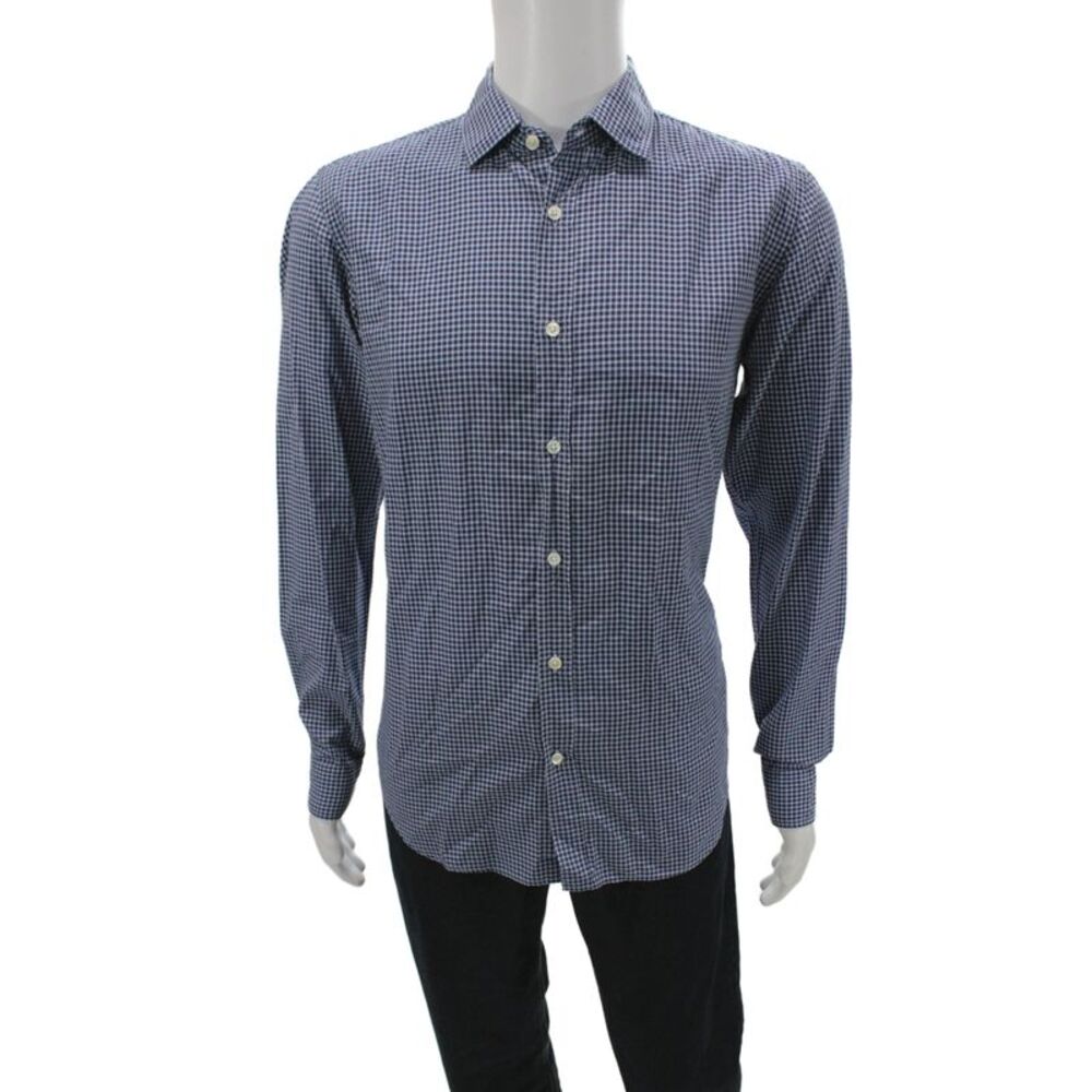 Hartford Mens Plaid Slim Fit Button Down Shirt Blue Cotton Size Large